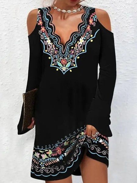 

Casual Folk Floral Design Shell Collar Dress, Black, Dresses