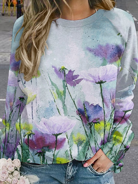 

Women Large Format Flowers Abstract Raglan Sleeve Crew Neck Sweatshirt, As picture, Hoodies&Sweatshirts