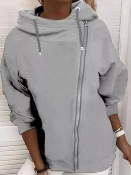 

Casual Plain Winter Spandex Zipper Natural Regular Hooded Regular Size Jacket for Women, Gray, Outerwear