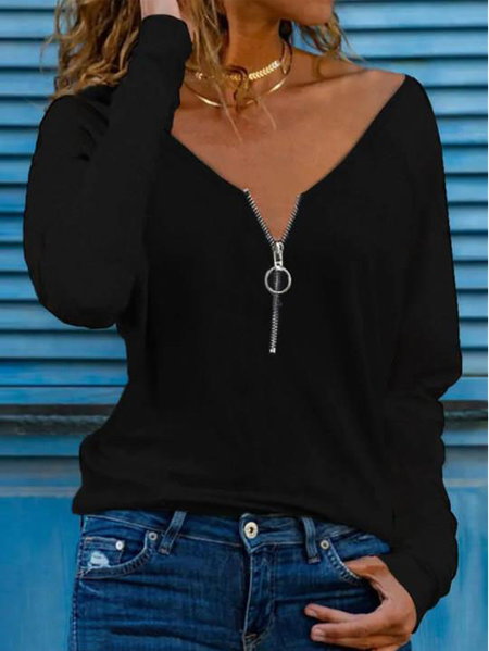

Casual Solid Color Zip V-Neck Long Sleeve T-Shirt, Black, T-Shirts