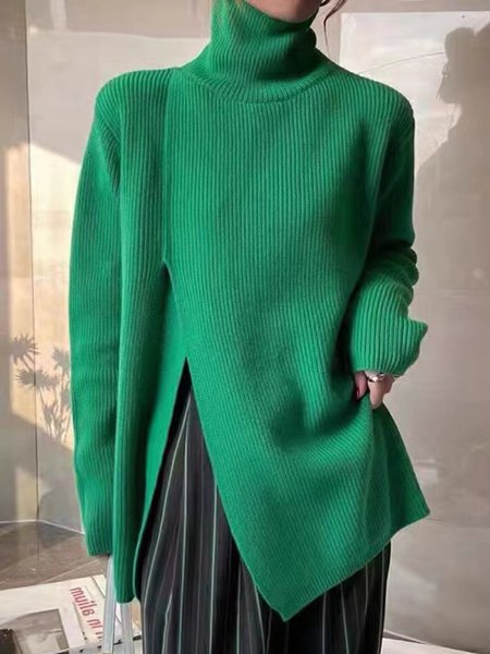 

Urban Plain Turtleneck Long Sleeve Split Sweater, Green, Sweaters