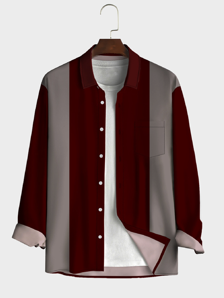 

Men's Geometric Stripe Print Fashion Lapel Long Sleeve Hawaiian Shirt, Red, Long Sleeve Shirts