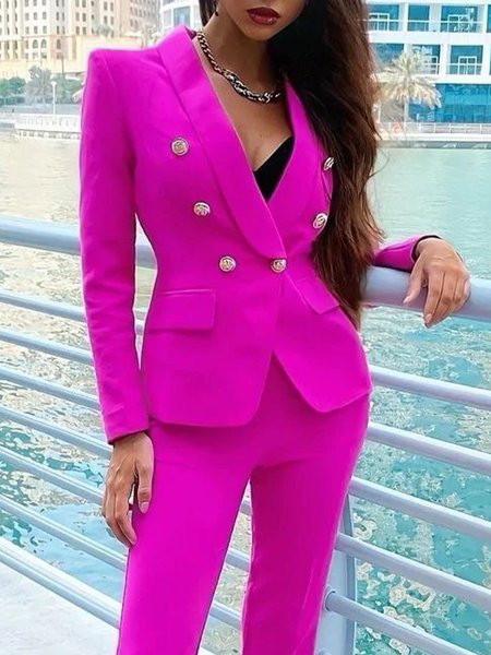 

Elegant Work Plain Buttoned Lapel Collar Blazer, Rose red, Blazers