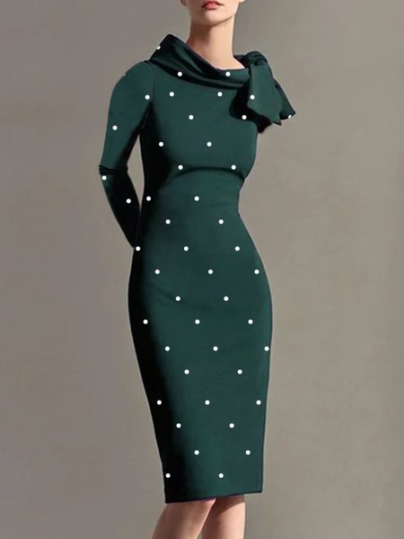 

Elegant Long Sleeve Polka Dots Midi Dress, Dark green, Midi Dresses