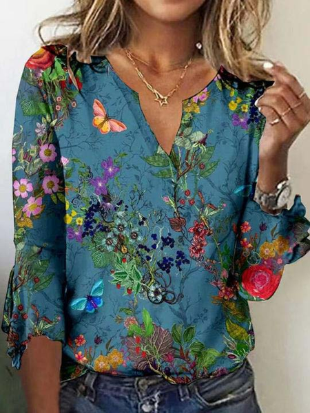 

Casual Regular Fit Floral V Neck Top, Blue, Tops