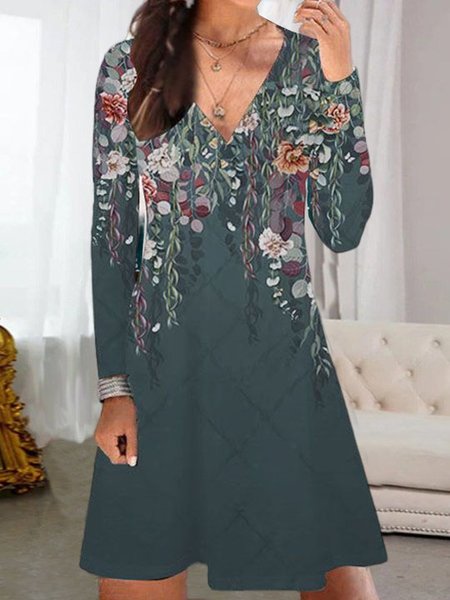 

Casual Floral Design V-Neck Long Sleeve Knit Dress, Dark green, Dresses