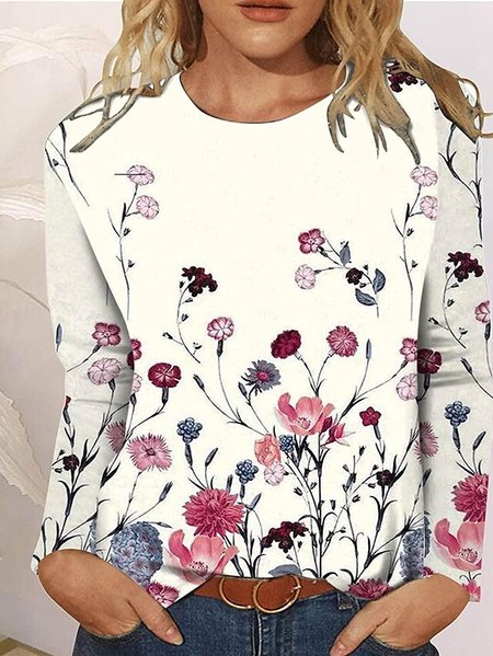 

Casual Floral Design Crew Neck Pullover T-shirt, Off white, Tops