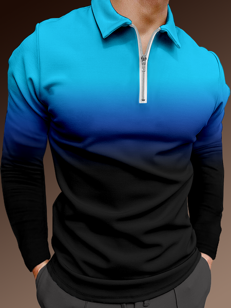 

Casual Art Collection Gradient Pattern Lapel Long Sleeve Polo Print Top, Blue, Polos
