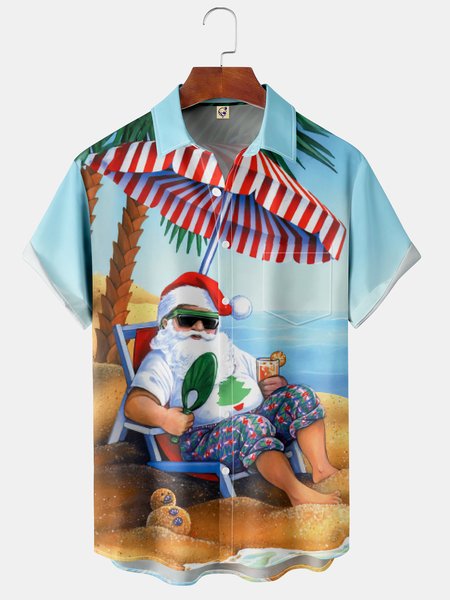 

Christmas Chest Pocket Short Sleeve Hawaiian Shirt, Blue, Men Shirts