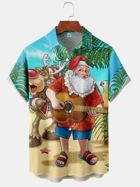 

Santa Chest Pocket Short Sleeve Hawaiian Shirt, Blue, Men Shirts