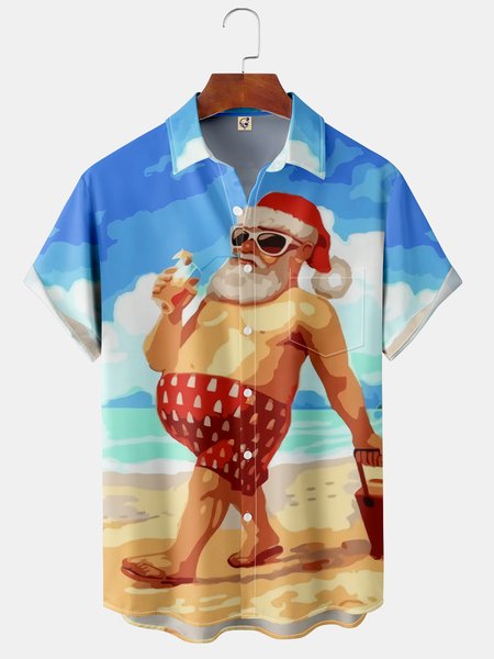 

Men's Christmas Print Short Sleeve Hawaiian Shirt with Chest Pocket, Blue, Short Sleeve Shirts
