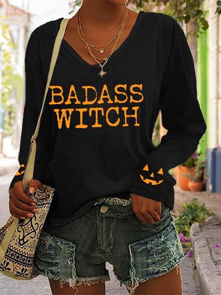 

Halloween Text Letter V Neck Casual Regular Fit T-Shirt, Black, Tops