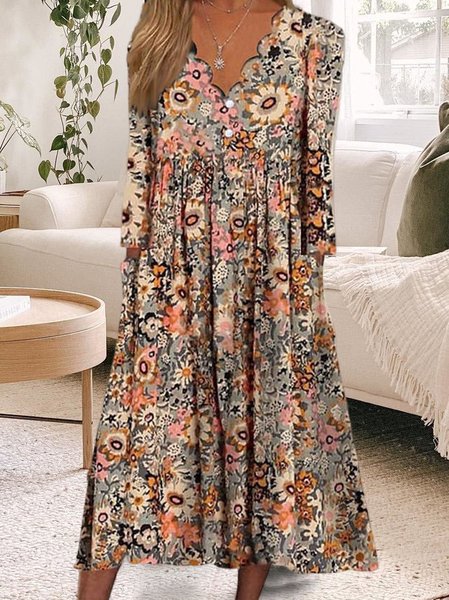 

Casual Floral Design Shell Collar Loose Dress, Multicolor, Dresses