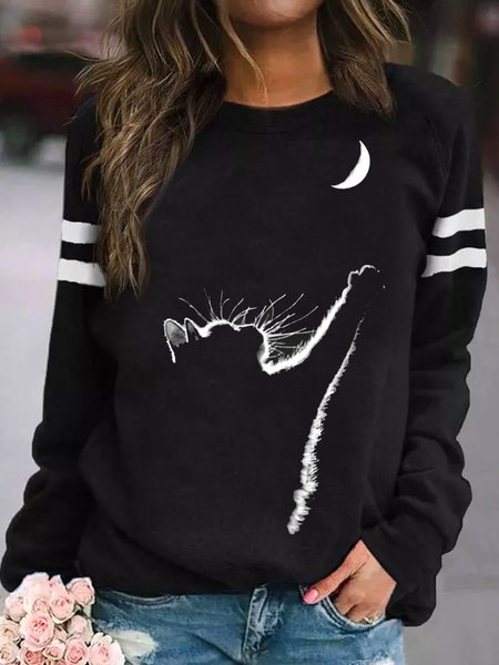 

Crew Neck Color Block Loose Cat Sweatshirts, Black, Sweatshirts & Hoodies