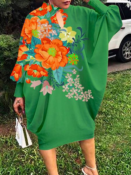 

Floral Midi Long sleeve Stand Collar Urban Dress, Green, Midi Dresses
