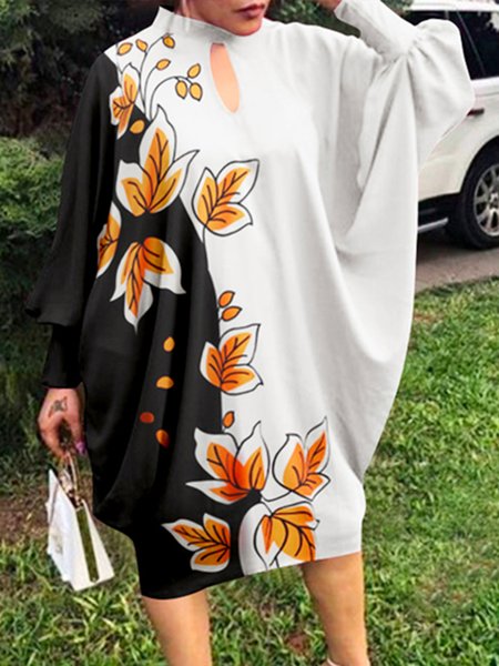 

Daily Long sleeve Stand Collar Loose Urban Dress, White, Midi Dresses