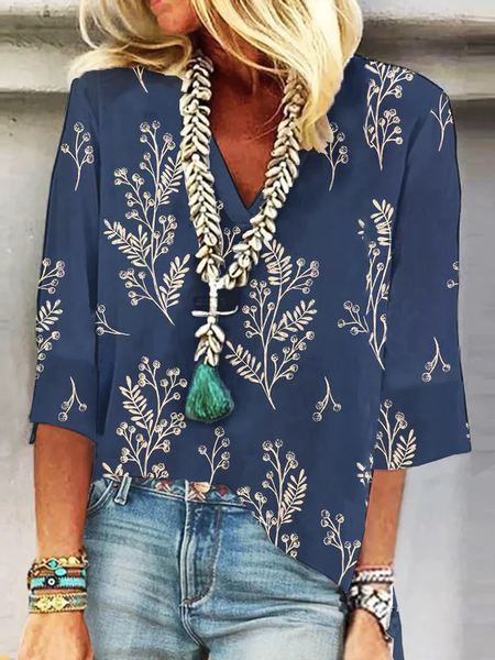

Casual Loose Cotton-Blend Tops, Blue, Shirts & Blouses
