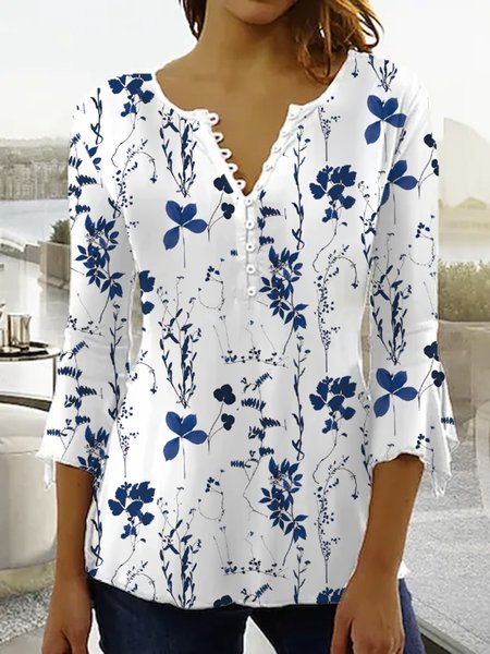 

Regular Fit Floral Casual V Neck T-Shirt, White, T-Shirts