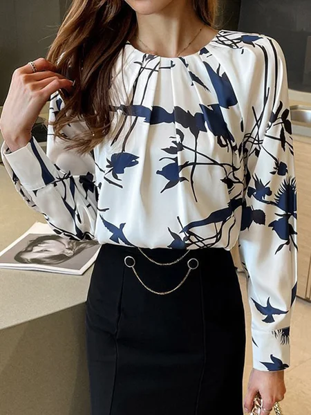 

Long sleeve Loose Elegant Daily Top, White-blue, Tops
