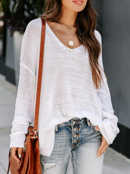 

Casual Plain Autumn V neck Micro-Elasticity Loose Regular Regular Regular Size Sweater for Women, White, Sweaters & Cardigans