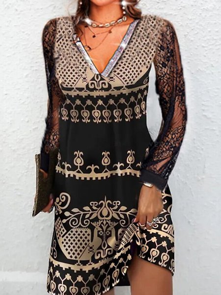 

Casual Ethnic Floral V-Neck Lace Sleeve Dress, Brown, Dresses
