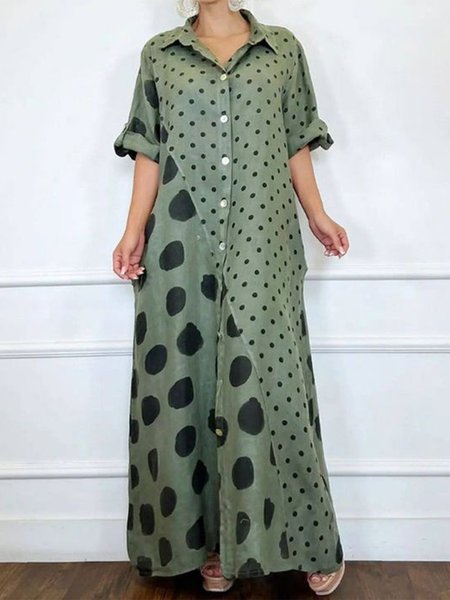

Casual Daily Polka Dots Shirt Dress, Green, Maxi Dresses