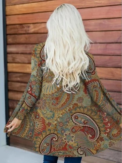 

V Neck Paisley Ethnic Coat, Multicolor, Cardigans