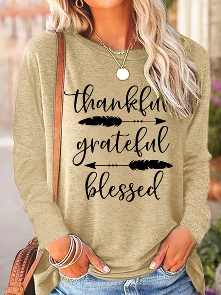 

Womens Thankful Grateful Blessed Crew Neck Cotton-Blend Top, Apricot, Long sleeves