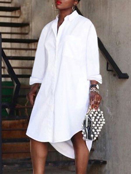 

Daily Casual Loose Simple Plain Shirt Dress, White, Midi Dresses
