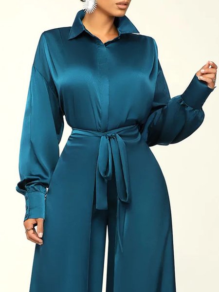 

Simple Plain Shirt Collar Loose Blouse, Blue, Blouses and Shirts