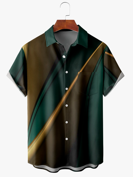 

Men's Geometric Stripe Print Fashion Lapel Short Sleeve Hawaiian Shirt, Green, Short Sleeve Shirts