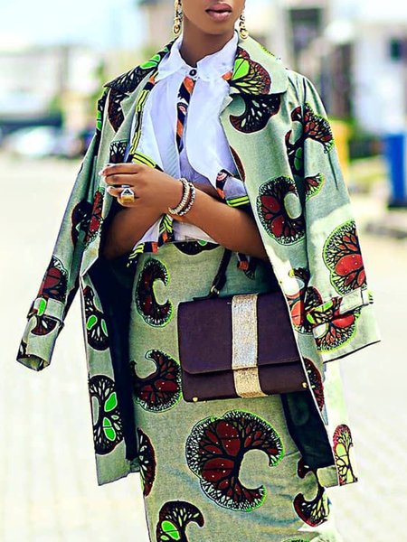 

Urban Floral Printed Shawl Collar Loose Coat, Green, Coats