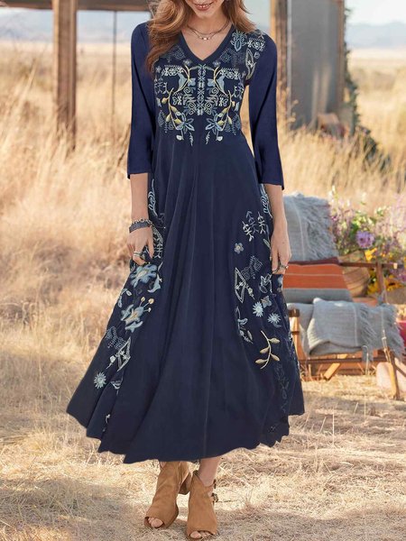 

Women Floral Autumn Vacation V neck Micro-Elasticity Regular Fit Jersey Three Quarter Regular Size Dresses, Dark blue, Midi Dresses