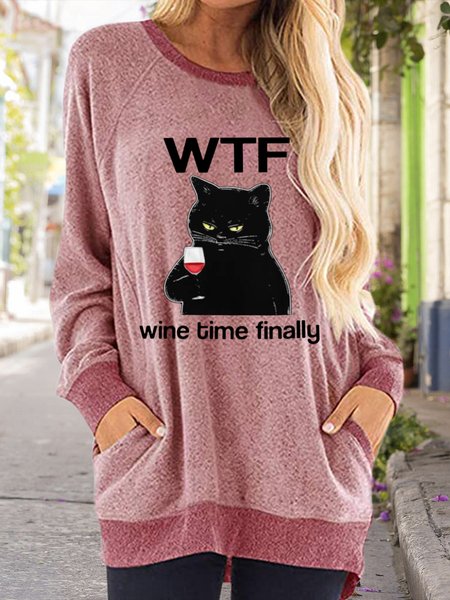 

Lilicloth X Kelly WTF Wine Time Finally Women's Cat Long Sleeve T-Shirt, Pink, Long sleeves