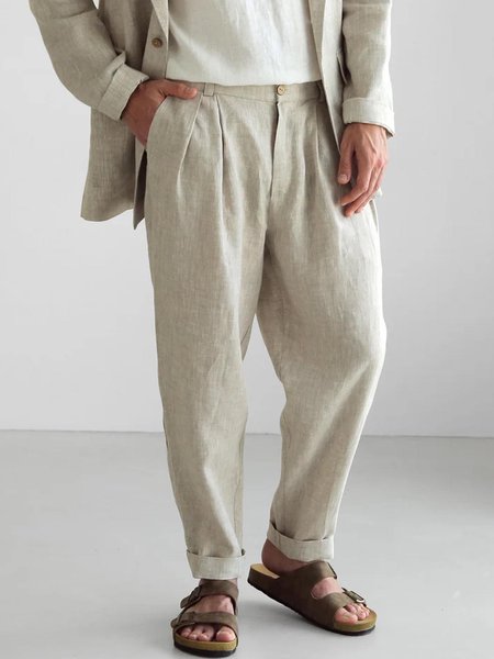 

Cotton and Linen Plain Hawaiian Casual Trousers, As picture, Men's pants