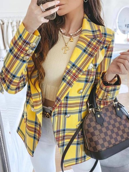

Regular Fit Lapel Collar Long Sleeve Plaid Blazer, Yellow, Blazers