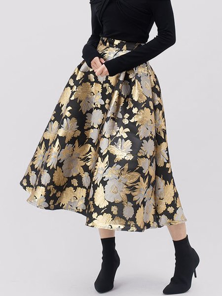

Mid Waist Floral Regular Fit Midi Skirt, Black, Skirts