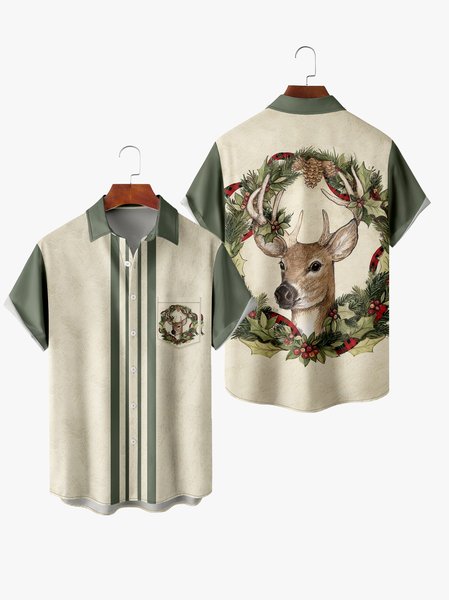 

Men's Christmas Print Fashion Lapel Short Sleeve Hawaiian Shirt, Green, Short Sleeve Shirts