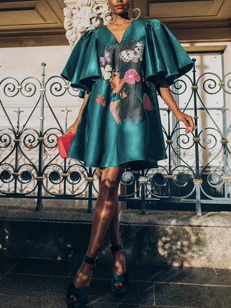 

Ruffled Sleeves Loose V Neck Mini Dress, Green, Mini Dresses