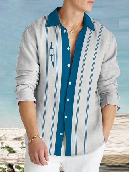 

Cotton and Linen Style Mid-Century Geometric Abstract Striped Short Sleeve Shirt, As picture, Long Sleeve Shirts