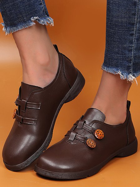 Retro Comfort Soft Sole Low Heel Round Toe Shoes, Brown, Flats