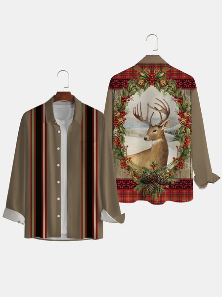 

Men's Christmas Print Fashion Lapel Long Sleeve Hawaiian Shirt, Red, Long Sleeve Shirts