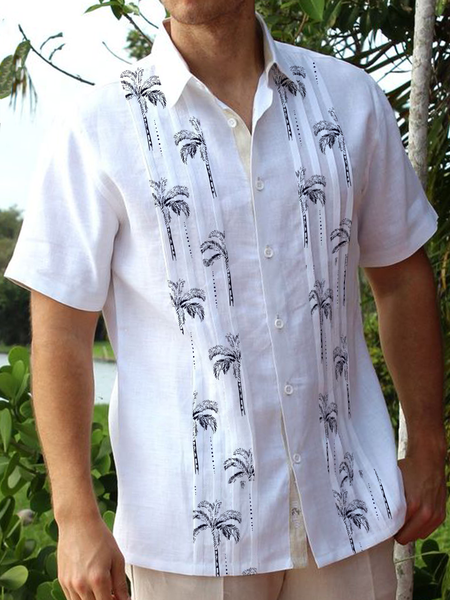 

Cotton Linen Style Guayabella Coconut Fold Over Short Sleeve Shirt, As picture, Short Sleeve Shirts