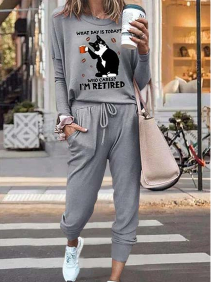 

JFN Casual Autumn Cartoon Natural Daily Loose Two-Piece Set, Gray, Suit Set