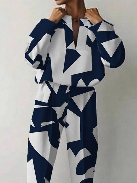 

Long sleeve Simple Geometric Loose Blouse, Blue, Blouses and Shirts