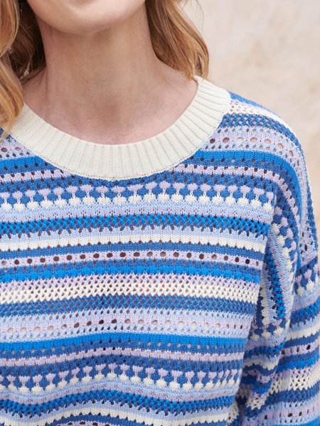 

Women Striped Casual Autumn Three Quarter Wool/Knitting Regular Off Shoulder Sleeve H-Line Regular Size Sweater, Blue, Sweaters