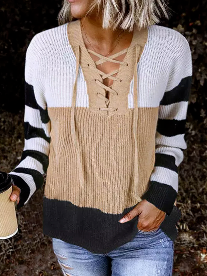 

Geometric Casual Autumn V neck Micro-Elasticity Daily Long sleeve H-Line Regular Sweater for Women, Multicolor, Sweaters & Cardigans