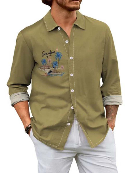 

Printed cotton and linen style coconut comfortable flax long sleeve shirts, As picture, Long Sleeve Shirts