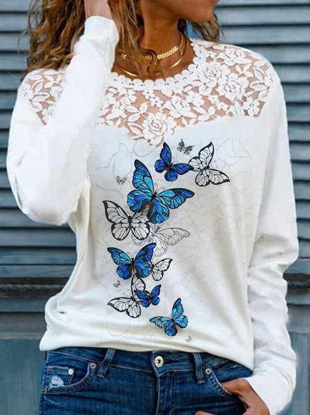 

Lace and Butterfly Crew Neck Long Sleeve Top, White, Tops