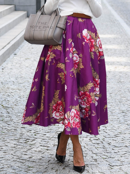 

Loose Elegant Floral Long Skirt, Purple, Skirts